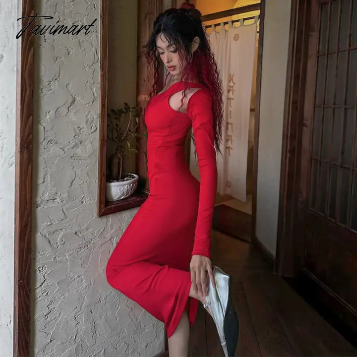 Tavimart Red Solid Hollow Out Long Dress Women Fashion Full Sleeve Bodycon Maxi Dresses Club