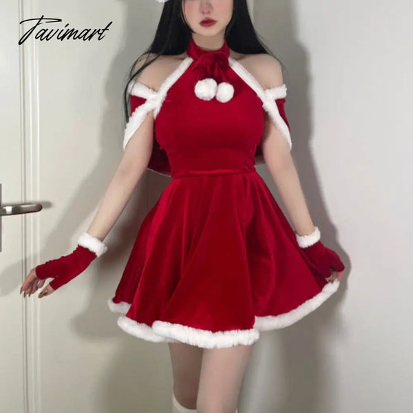 Tavimart Red Sweet Sexy Christmas Set Women Casual Evening Party Mini Dress Sets Winter Slim Korean