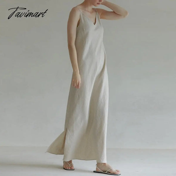 Tavimart Retro 100% Linen Women Dresses Summer Sexy Spaghetti Strap Sleeveless Open Side Harajuku