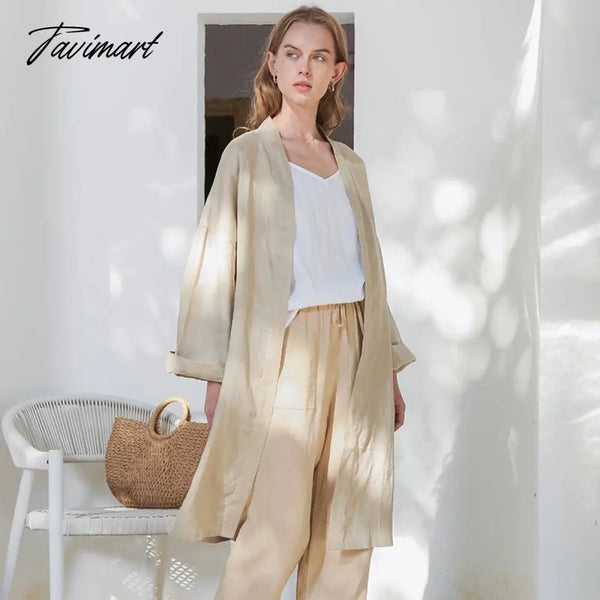 Tavimart Retro 100% Linen Women’s Coats Casual Loose Long Sleeve Trench Coat Japanese Korean