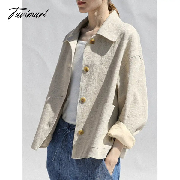 Tavimart Retro Cotton Linen Women’s Short Coat Autumn And Winter Korean Harajuku Turndown Collar