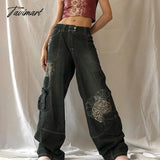 Tavimart Retro Graphic Print Y2K Baggy Jeans Grunge High Waist Cargo Denim Trousers Streetwear
