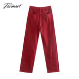 Tavimart Retro Mom High Waist Jeans England Style Fashion Woman Red Color Simple Burrs Straight