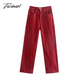 Tavimart Retro Mom High Waist Jeans England Style Fashion Woman Red Color Simple Burrs Straight