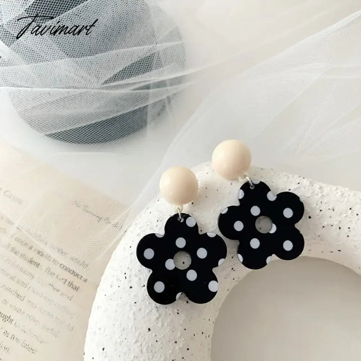 Tavimart Retro Polka Dot Printed Flower Earrings For Women Girl Round Geometric Big Dangle Vintage