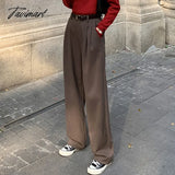 Tavimart Retro Straight Wide Leg Brown Pants Vintage Female Korean High Waist Casual Long Navy Blue