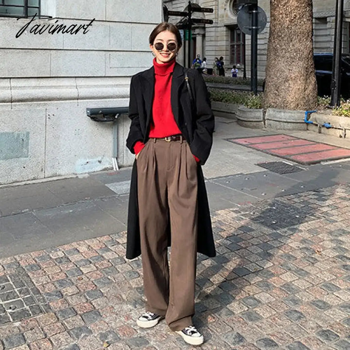 Tavimart Retro Straight Wide Leg Brown Pants Vintage Female Spring New Korean Fashion High Waist