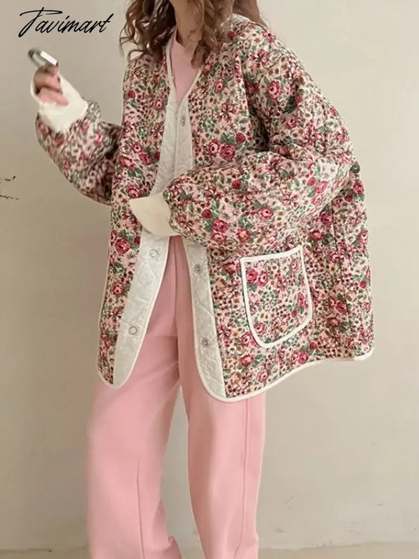 Tavimart Retro Sweet Floral Print Parkas For Women Elegant V Neck Long Sleeved Button Warm Jacket