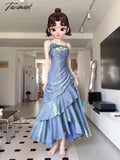 Tavimart - Retro Women’s Evening Party Dresses Dubai Solid Sleeveless Ruffles Long Skirt Elegant