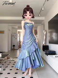 Tavimart - Retro Women’s Evening Party Dresses Dubai Solid Sleeveless Ruffles Long Skirt Elegant