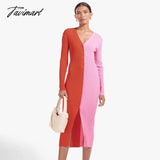 Tavimart Ribbed Knitted Dresses Single Breasted Long Sleeve V - Neck Women Slim Elegant Autumn
