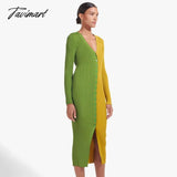 Tavimart Ribbed Knitted Dresses Single Breasted Long Sleeve V - Neck Women Slim Elegant Autumn