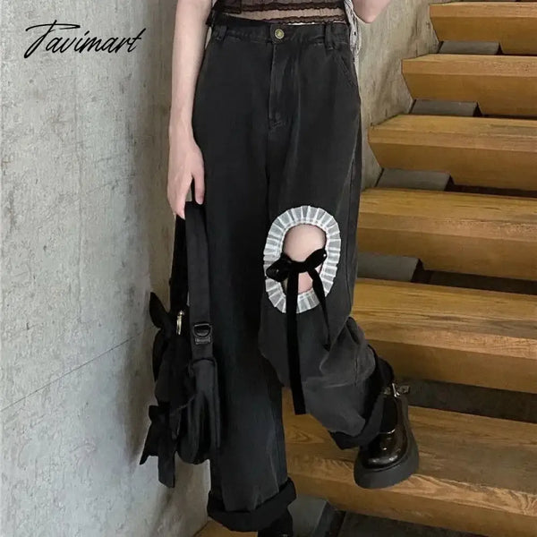 Tavimart Ripped Jeans Women’s High Waist Wide Leg Pants Summer New Design Sense Bow Spice Girl