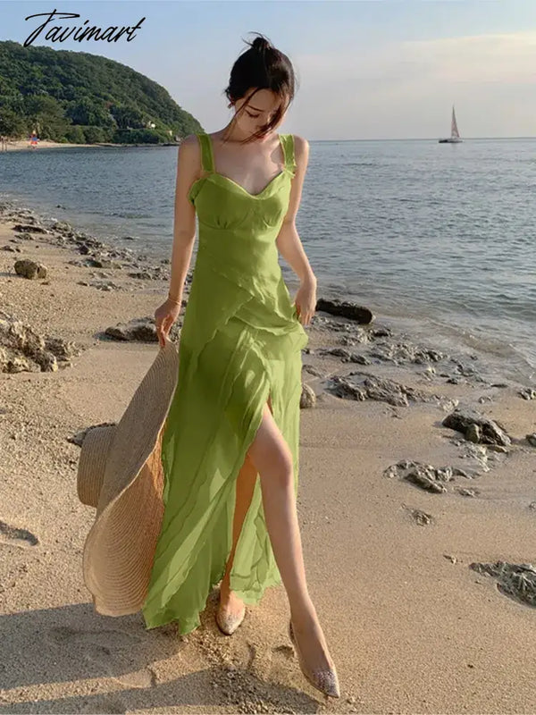 Tavimart Robe Sling Party Ruffle Holiday Dresses Vintage Women Spaghetti Strap Beach Long Dress