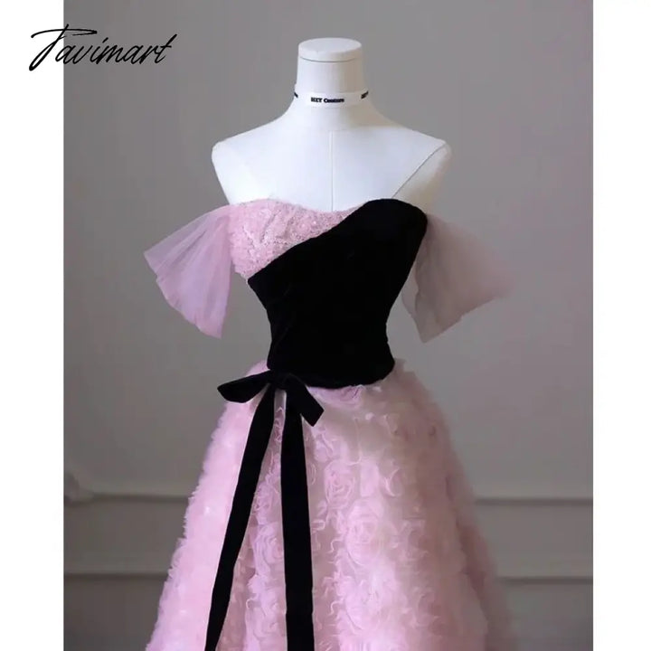 Tavimart - Rose Pink Bridesmaid Dresses Robe De Mariée Detachable Sleeve Strapless Bow Ribbon