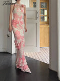 Tavimart - Ruffled Three - Dimensional Flower Elastic Mesh Printing Slip Dress Long Skirt