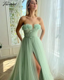 Tavimart - Sage Green Tulle Prom Dress For Women Sexy Off Shoulder Leg Split Sleeveless Evening