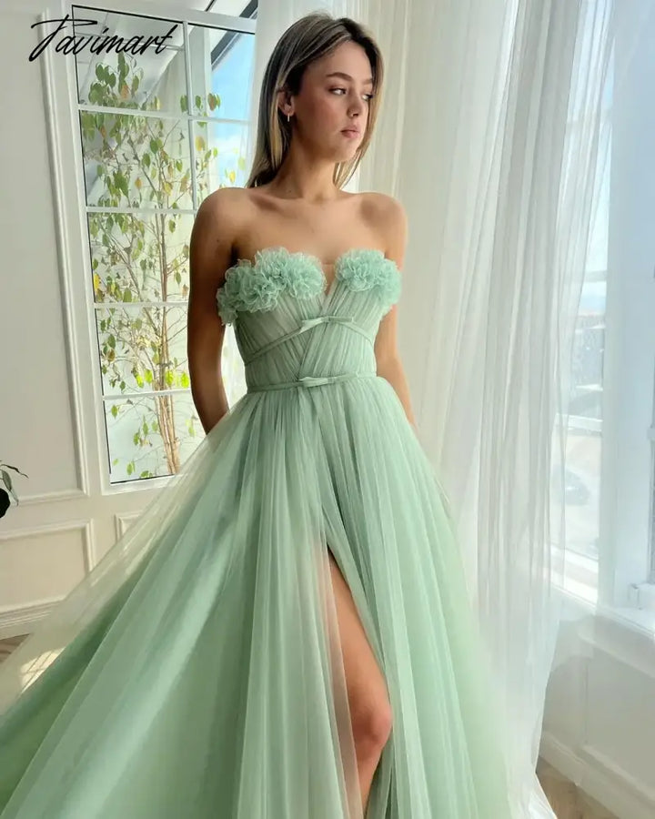 Tavimart - Sage Green Tulle Prom Dress For Women Sexy Off Shoulder Leg Split Sleeveless Evening