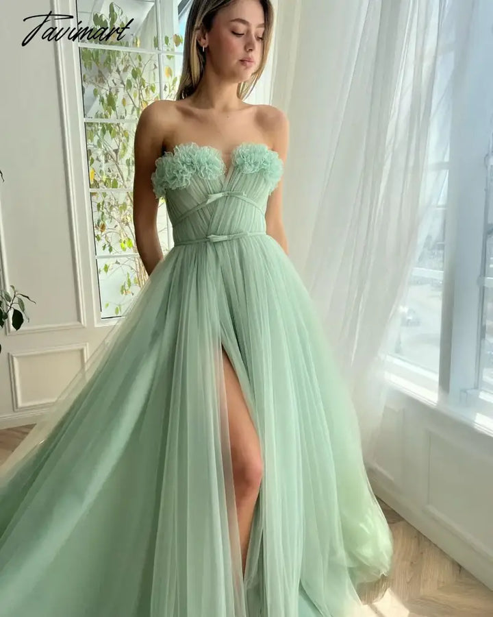 Tavimart - Sage Green Tulle Prom Dress For Women Sexy Off Shoulder Leg Split Sleeveless Evening