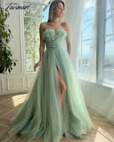 Tavimart - Sage Green Tulle Prom Dress For Women Sexy Off Shoulder Leg Split Sleeveless Evening