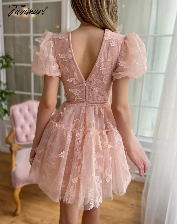 Tavimart - Sakura Pink 3D Butterfly Girl Prom Gown V - Neck Puff Short Sleeve Birthday Evening