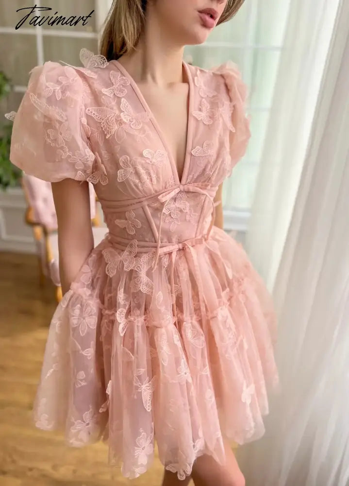 Tavimart - Sakura Pink 3D Butterfly Girl Prom Gown V - Neck Puff Short Sleeve Birthday Evening