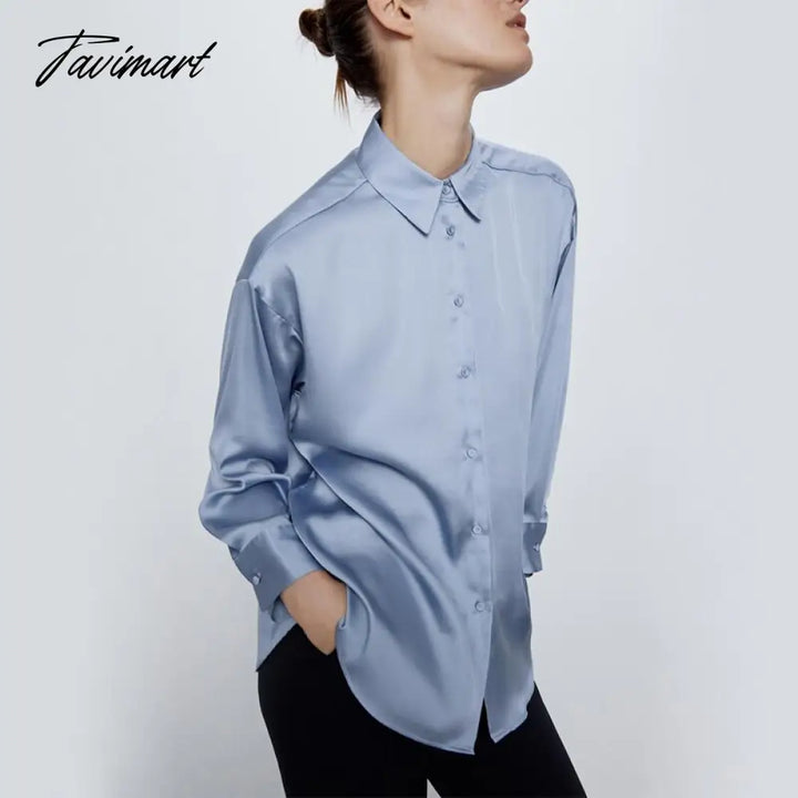 Tavimart Satin Shirt For Women Turn Down Collar Long Sleeves Office Lady And Blouse High Street
