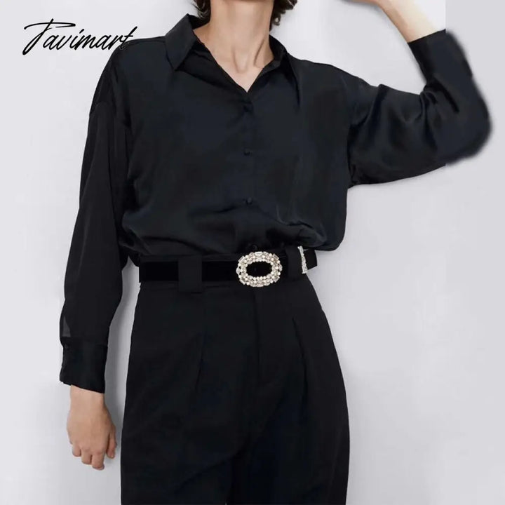 Tavimart Satin Shirt For Women Turn Down Collar Long Sleeves Office Lady And Blouse High Street