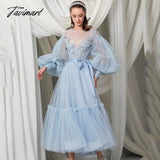 Tavimart See Through O-neck Prom Dress Long Sleeve Lace Dress A-line Tea Length Blue Tulle Dress With Bow Applique Evening Dresses