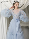 Tavimart See Through O - Neck Prom Dress Long Sleeve Lace A - Line Tea Length Blue Tulle With Bow