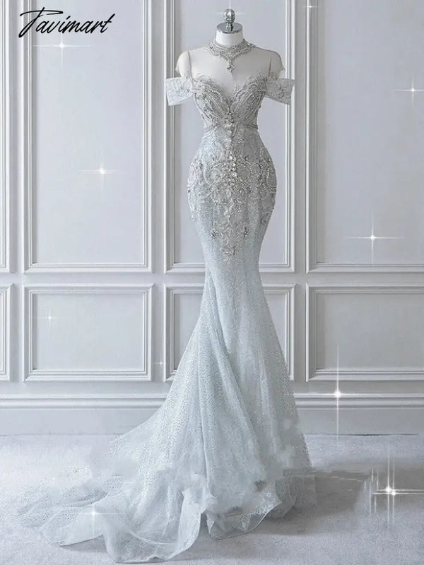 Tavimart - Senior Luxury Wedding Dress Off Shoulder Beading Embroidery Sequins Mermaid Applique