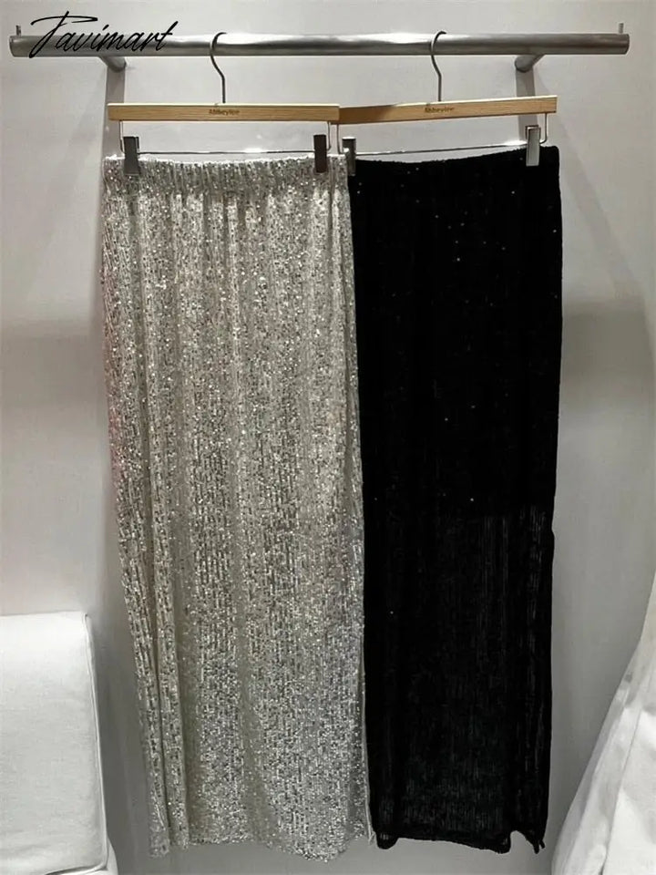 Tavimart Sequin Glitter Women Slim Maxi Skirt Fashion Side High Split Sexy Streetwear Waist Party