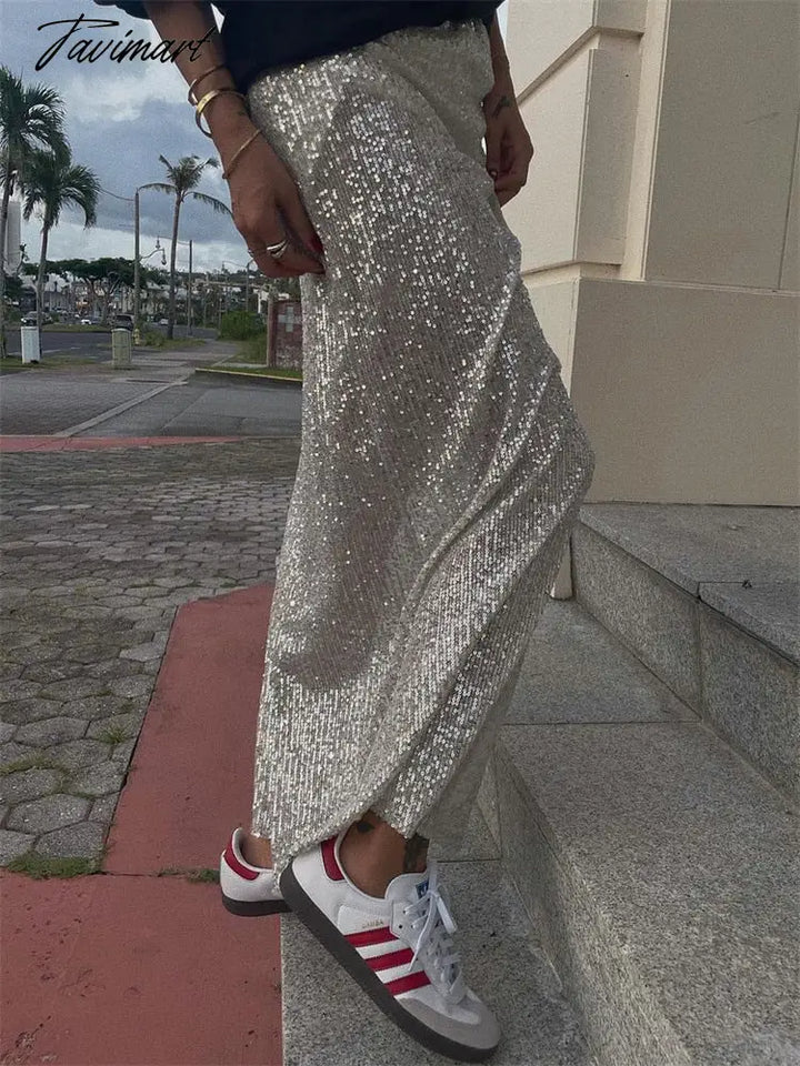 Tavimart Sequin Glitter Women Slim Maxi Skirt Fashion Side High Split Sexy Streetwear Waist Party