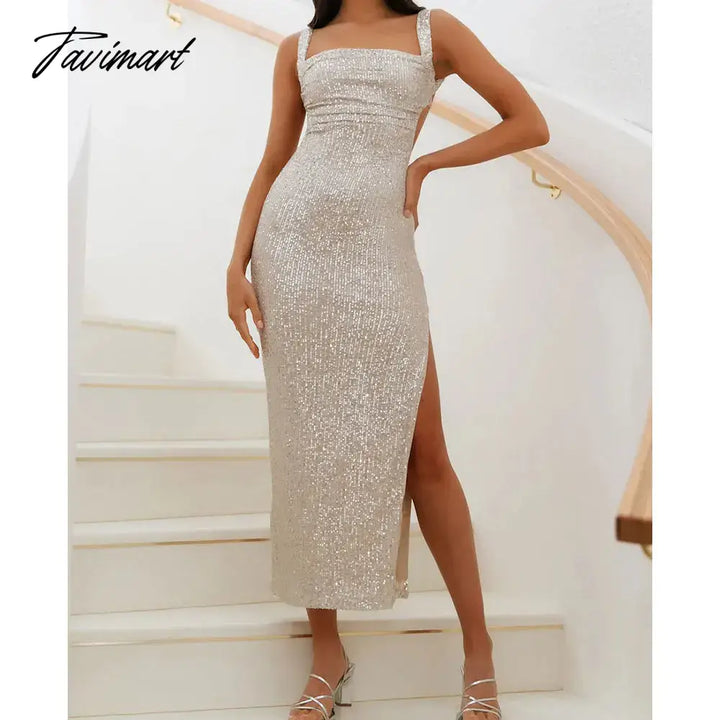 Tavimart Sequins Party Dress For Summer Women Sexy Slit Evening Glitter Long Black Deep Spaghetti