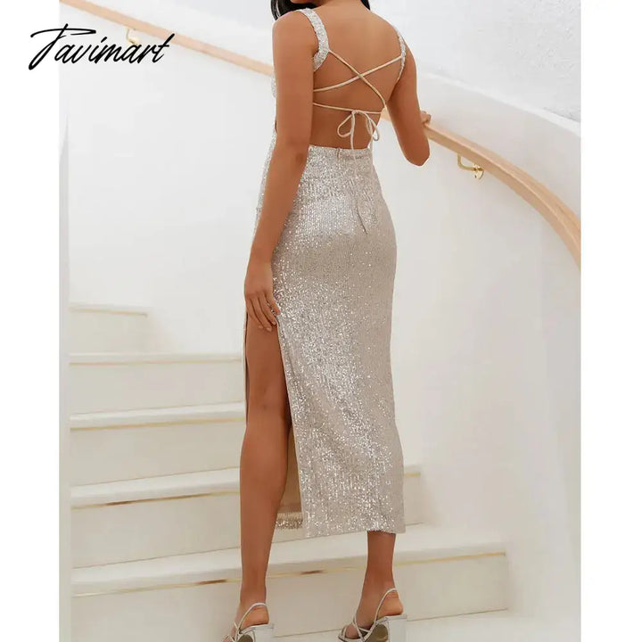 Tavimart Sequins Party Dress For Summer Women Sexy Slit Evening Glitter Long Black Deep Spaghetti