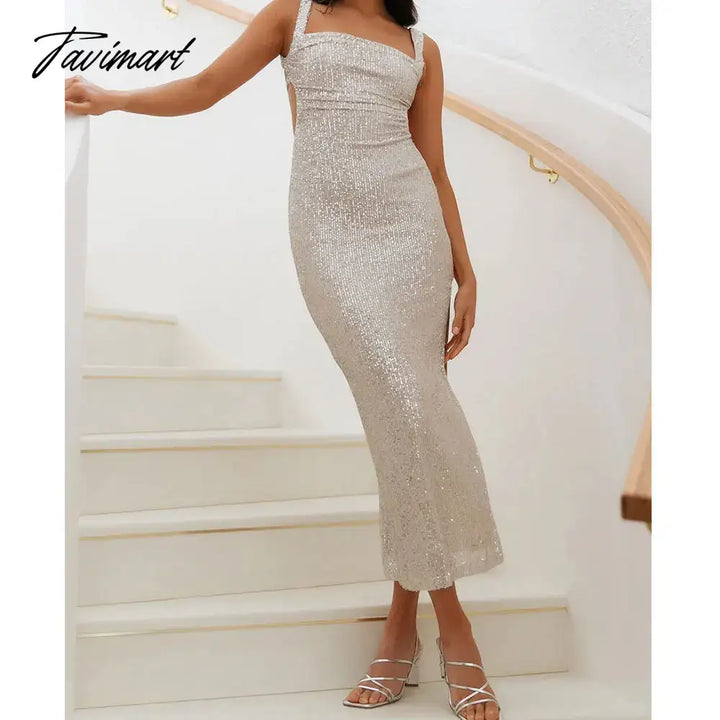 Tavimart Sequins Party Dress For Summer Women Sexy Slit Evening Glitter Long Black Deep Spaghetti