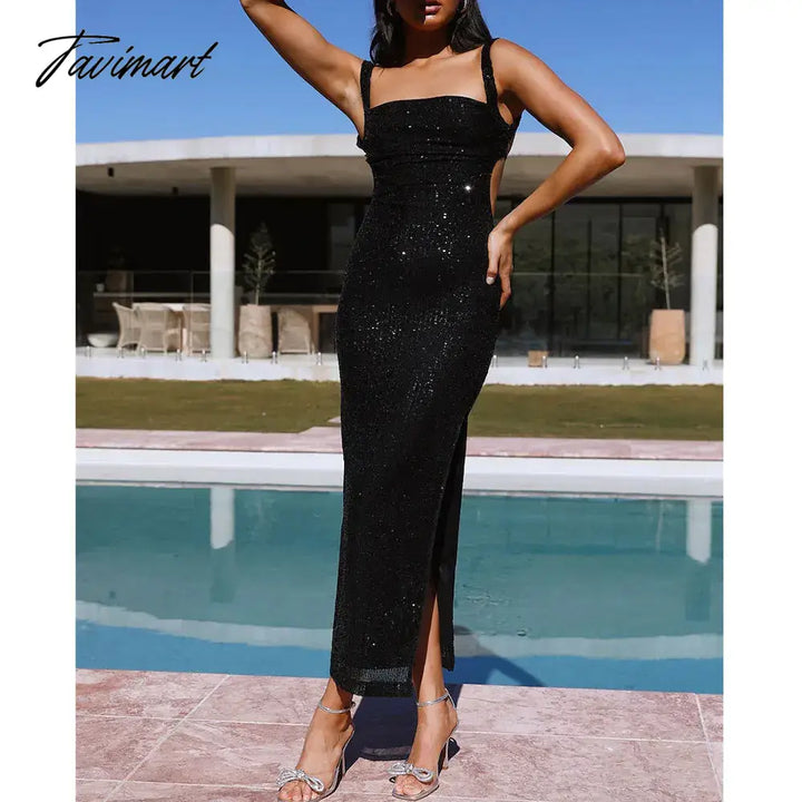 Tavimart Sequins Party Dress For Summer Women Sexy Slit Evening Glitter Long Black Deep Spaghetti