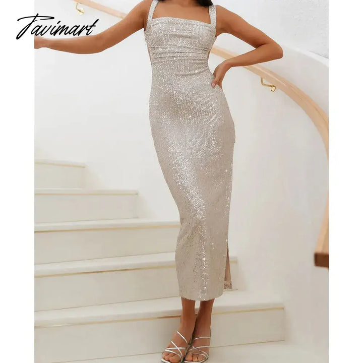 Tavimart Sequins Party Dress For Summer Women Sexy Slit Evening Glitter Long Black Deep Spaghetti