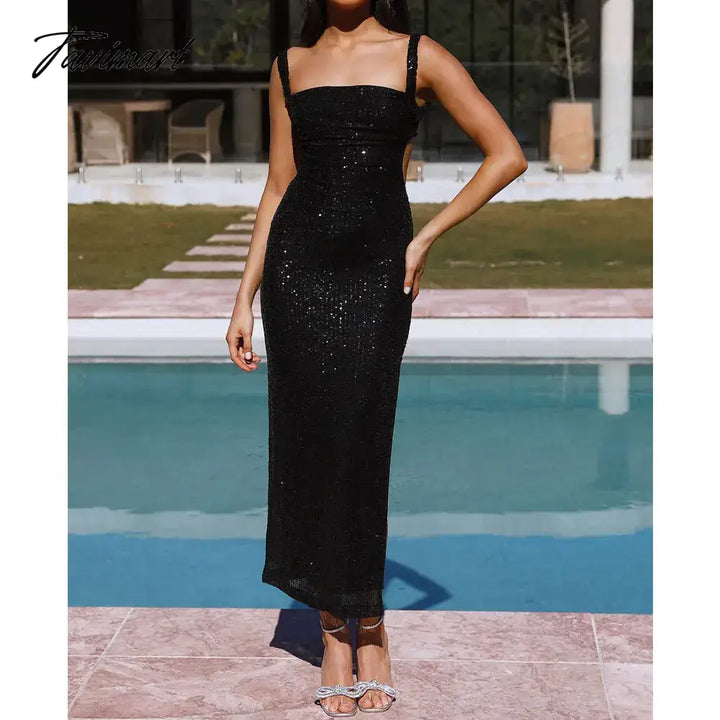 Tavimart Sequins Party Dress For Summer Women Sexy Slit Evening Glitter Long Black Deep Spaghetti