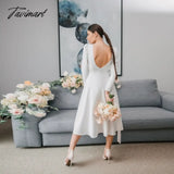 Tavimart Sexy Backless A - Line White Dress High Waist Long Sleeve O Neck Zipper Elegant Folds Puff
