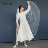Tavimart Sexy Backless A - Line White Dress High Waist Long Sleeve O Neck Zipper Elegant Folds Puff