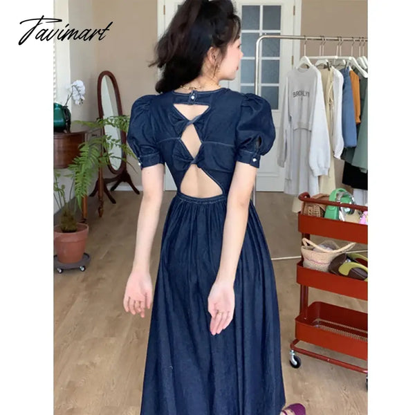 Tavimart Sexy Backless Denim Women Dress Puff Sleeve New Summer Spring Party Dinner Elegant Vintage