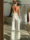 Tavimart Sexy Backless Halter Tops Sets Woman Fashion 2 Pieces Summer Solid Pleated Trouser Suits