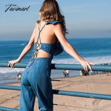 Tavimart - Sexy Backless Jeans Jumpsuit Summer Spring New Ruffled Bodysuit American Fashion Lace Up