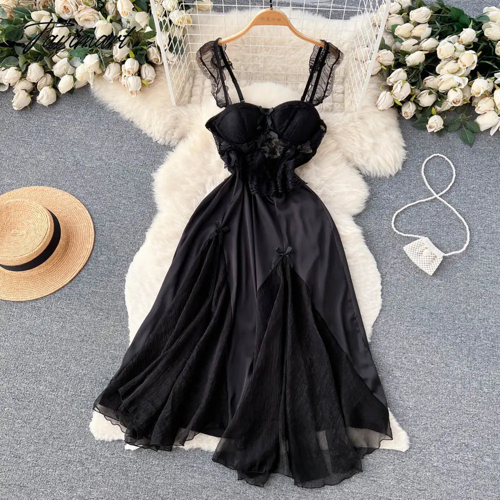 irregular mesh stitching dress Tavimart Sexy Backless Lace Stitching Mesh Gauze Irregular Suspender D –  tavimart