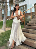 Tavimart - Sexy Backless Solid Patchwork Mesh Maxi Dress Women Fashion Sleeveless Fold Dresses 2024