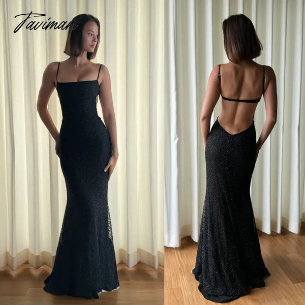 Tavimart - Sexy Black Backless Mermaid Prom Gown Sleeveless Open Back Evening Party Dress For Women