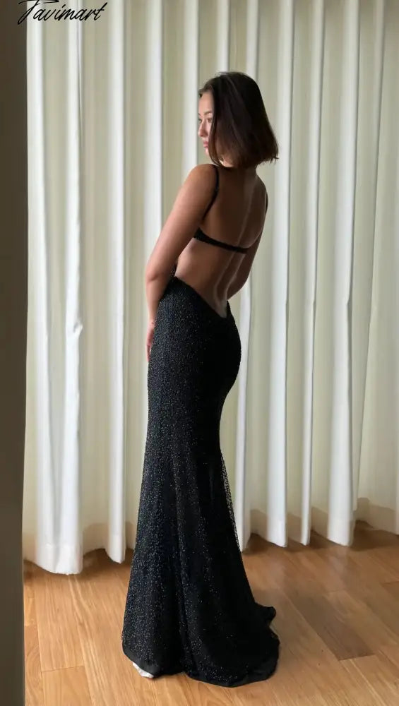 Tavimart - Sexy Black Backless Mermaid Prom Gown Sleeveless Open Back Evening Party Dress For Women