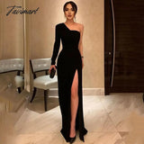 Tavimart Sexy Black Evening Dress Promdress One Shoulder Long Sleeve Simple Black Long Prom Dresses Side Slit Party Gowns