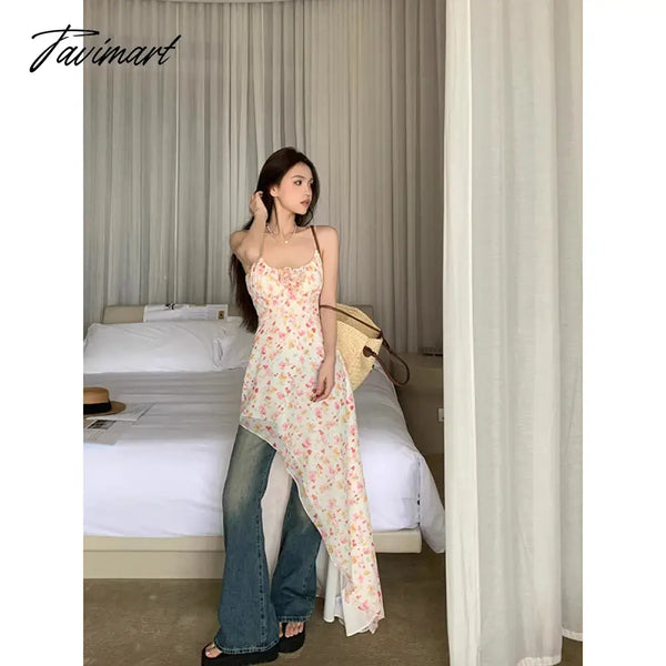 Tavimart - Sexy Chic Flowy Ruffle Long Dress Women Summer Korean Asymmetrical Slit Sleeveless